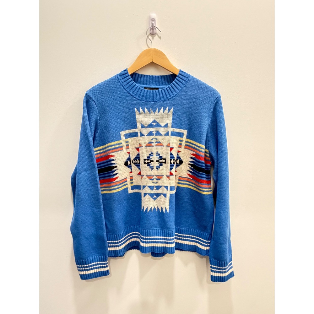 Pendleton Women's L 100% Cotton Southwestern Geometric Blue Knit Sweater Peru